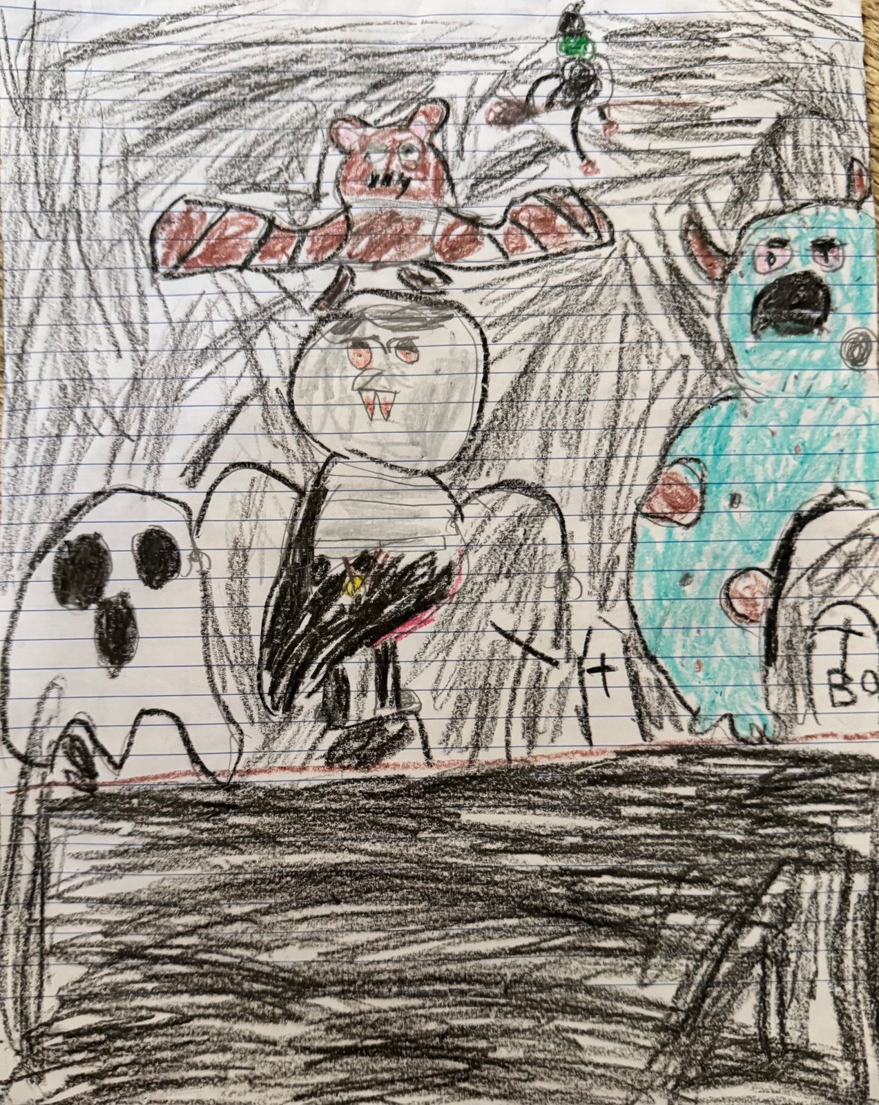 BOO, Teddy's crayon drawing of a spooky Halloween night with a vampire, a bat, a ghost, a big blue monster, and a gravestone that says Boo
